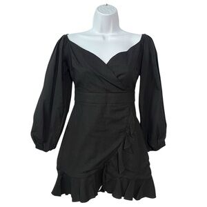 Showpo mini dress 6 Black Long balloon sleeve Ruffle Linen cotton blend Womens